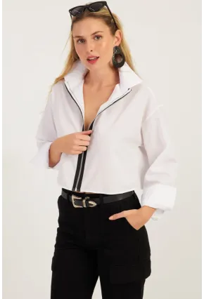 Kadın Beyaz Fermuarlı Kısa Gömlek SF2541