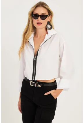 Kadın Beyaz Fermuarlı Kısa Gömlek SF2541
