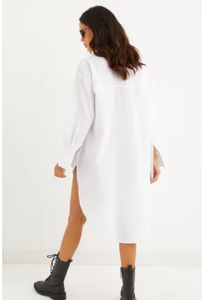 Kadın Beyaz Gizli Düğmeli Tunik Gömlek Elbise SF1292