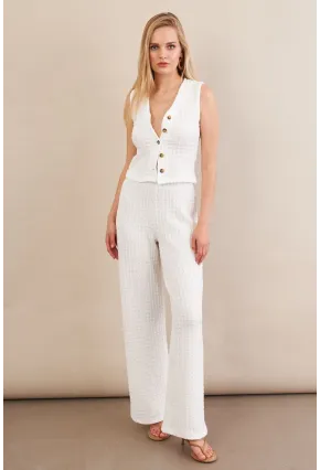 Kadın Beyaz Gofre Yelek Pantalon Takım FLU330