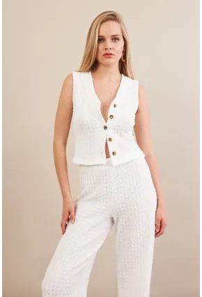 Kadın Beyaz Gofre Yelek Pantalon Takım FLU330
