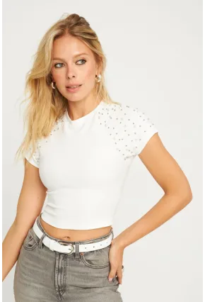 Kadın Beyaz İncili Kısa Bluz HOL2112