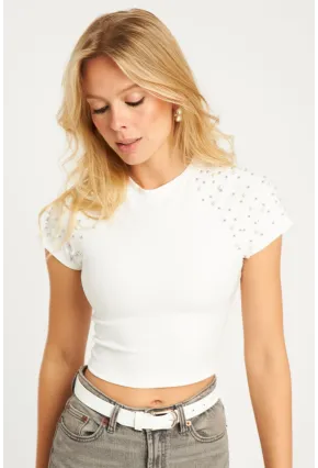 Kadın Beyaz İncili Kısa Bluz HOL2112