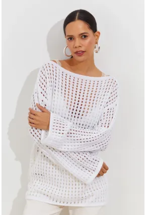 Kadın Beyaz İspanyol Kol Ajurlu Triko Uzun Bluz SMT198