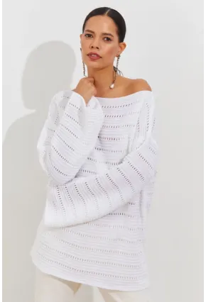Kadın Beyaz İspanyol Kol Ajurlu Triko Uzun Bluz SMT199