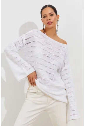 Kadın Beyaz İspanyol Kol Ajurlu Triko Uzun Bluz SMT199