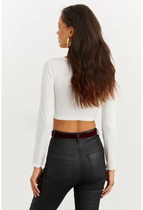 Kadın Beyaz Kalp Yaka Crop Bluz CG260