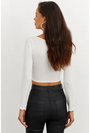 Kadın Beyaz Kare Yaka Crop Bluz CG263
