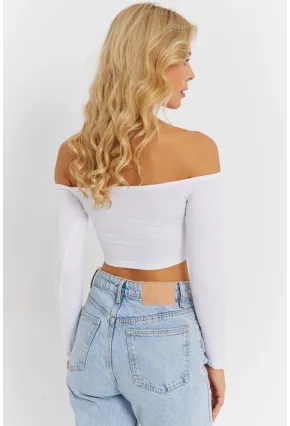 Kadın Beyaz Kare Yaka Crop Bluz CG364