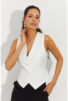 Kadın Beyaz Keten Astarlı Yelek TW60046