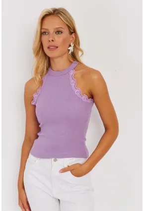 Kadın Beyaz-Lila Halter Yaka Dantelli Bluz MK08