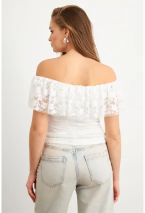 Kadın Beyaz Madonna Yaka Dantel Bluz MTK13549