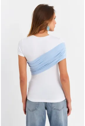 Kadın Beyaz-Mavi Çapraz Bloklu Bluz EY3073