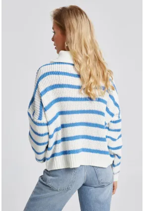 Kadın Beyaz-Mavi Fermuarlı Çizgili Kazak MSS133