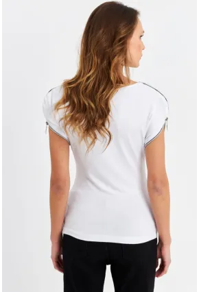 Kadın Beyaz Omuzları Fermuarlı Bluz EY3062
