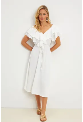 Kadın Beyaz Ön Arka V Volanlı Elbise KS113