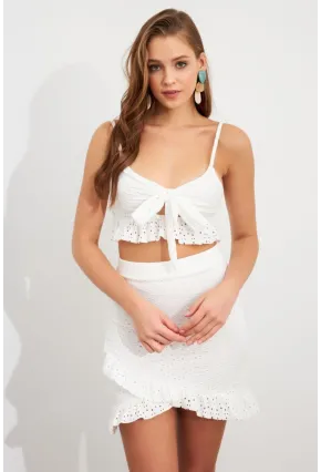 Kadın Beyaz Önü Bağlamalı Mini Etekli Takım LİT1088