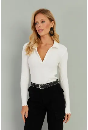 Kadın Beyaz Polo Yaka Fitilli Bluz TH1104