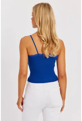 Kadın Beyaz-Saks Askılı Dantelli Bluz MK07