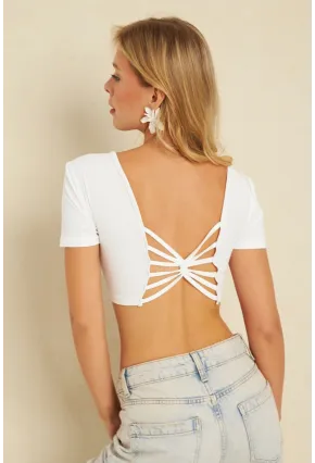 Kadın Beyaz Sırtı Açık Crop Bluz CG358