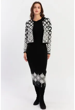 Kadın Beyaz-Siyah Desenli İkili Triko Takım NUV42