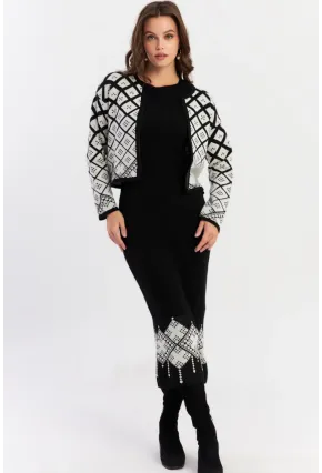 Kadın Beyaz-Siyah Desenli İkili Triko Takım NUV42