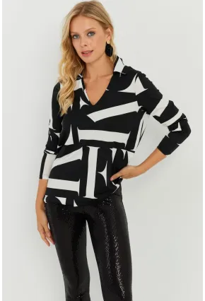 Kadın Beyaz-Siyah Desenli Polo Yaka Bluz AYD240