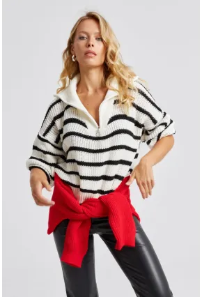 Kadın Beyaz-Siyah Fermuarlı Çizgili Kazak MSS133