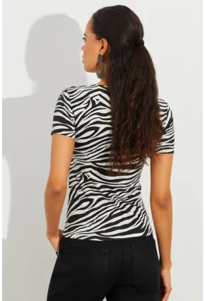 Kadın Beyaz-Siyah Kare Yaka Zebra Desenli Bluz LPP1221