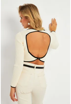 Kadın Beyaz-Siyah Sırtı Açık Bluz YV270