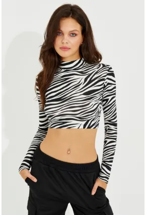 Kadın Beyaz-Siyah Sırtı Açık Zebra Desenli Crop Bluz LPP1232