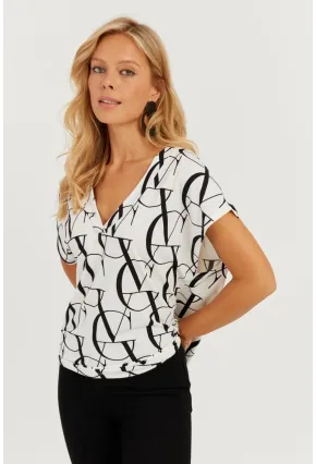 Kadın Beyaz-Siyah V Yaka Desenli Bluz AYD293