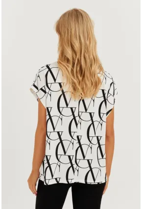 Kadın Beyaz-Siyah V Yaka Desenli Bluz AYD293