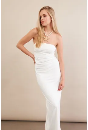 Kadın Beyaz Straplez Büzgülü Midi Elbise MX2005