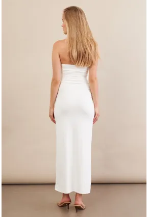 Kadın Beyaz Straplez Büzgülü Midi Elbise MX2005