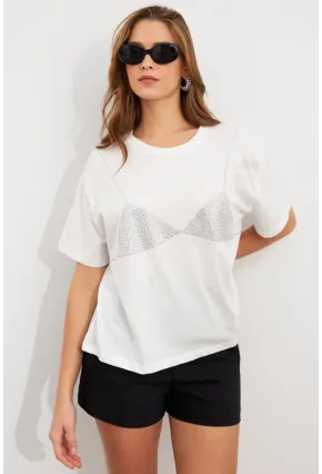 Kadın Beyaz Straslı Oversize T-Shirt TPG13