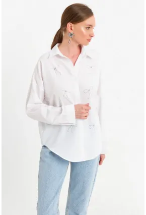 Kadın Beyaz Taşlı Gömlek MZER426