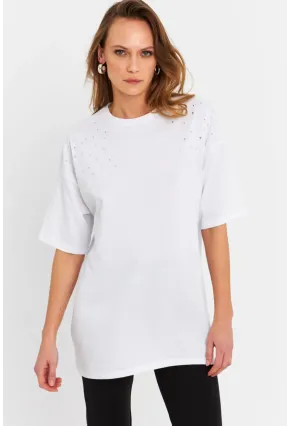 Kadın Beyaz Taşlı Salaş T-Shirt MTF0002