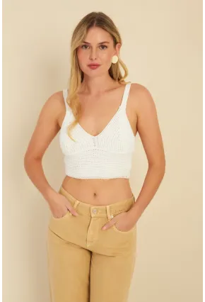 Kadın Beyaz Triko Crop Bluz KZ2507