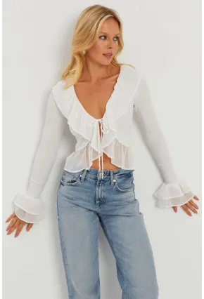 Kadın Beyaz Tül Detaylı Fırfırlı Hırka AYD313