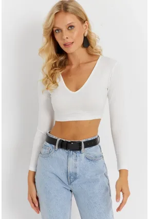 Kadın Beyaz V Yaka Crop Bluz CG368