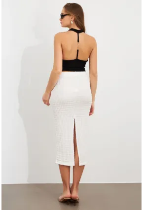 Kadın Beyaz Yırtmaçlı Bürümcük Midi Etek ZH329