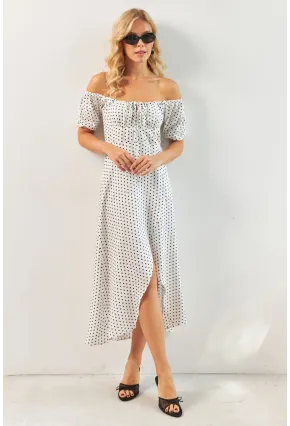 Kadın Beyaz Yırtmaçlı Desenli Midi Elbise KED0243