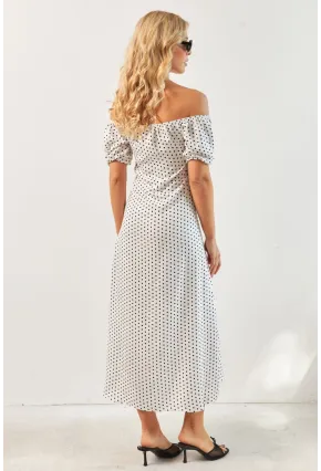 Kadın Beyaz Yırtmaçlı Desenli Midi Elbise KED0243