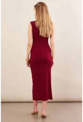 Kadın Bordo Aksesuarlı Büzgülü Midi Elbise İRE102