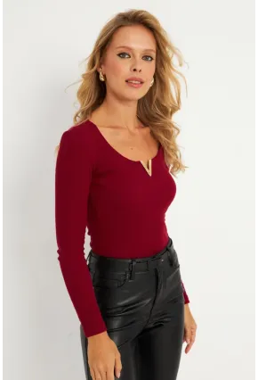 Kadın Bordo Aksesuarlı Kaşkorse Bluz RLO17