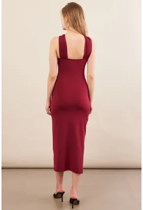 Kadın Bordo Aksesuarlı Midi Elbise İRE101