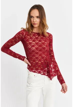 Kadın Bordo Asimetrik Dantel Bluz MTK13288