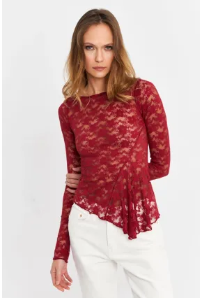 Kadın Bordo Asimetrik Dantel Bluz MTK13288
