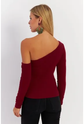 Kadın Bordo Asimetrik Kollu Kaşkorse Bluz HOR1